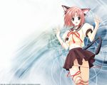  animal_ears bad_aspect_ratio cat_ears looking_at_viewer navel open_mouth panties pink_hair pleated_skirt school_uniform serafuku short_hair short_sleeves skirt solo striped striped_legwear striped_panties suzuhira_hiro tail thighhighs underwear wallpaper 