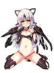  :&lt; animal_ears armor blush broken_armor cat_ears code:_nemesis_(elsword) elsword eve_(elsword) gloves long_hair navel nefarian no_nose panties pink_panties silver_hair solo tail torn_clothes torn_gloves torn_panties underwear white_background yellow_eyes 