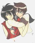  black_eyes black_hair brown_hair couple gloves green_eyes hug kanzaki_hitomi pendant ribbon school_uniform short_hair tenkuu_no_escaflowne van_fanel 