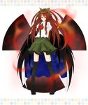  bow brown_hair cape green_bow hair_bow highres long_hair red_eyes reiuji_utsuho skirt smile solo thighhighs third_eye touhou white_l wings 