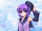  bug butterfly detached_sleeves hat hat_removed headphones headwear_removed insect necktie purple_eyes purple_hair purple_neckwear sate_hatena short_hair solo utane_uta utau zoom_layer 