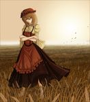  aki_minoriko apron barefoot blonde_hair breasts crossed_arms dress field food fruit grapes grass hat head_tilt highres leaf medium_breasts plant red_eyes serious sky solo stainglass_(artist) touhou wheat 
