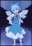  :d bad_id bad_pixiv_id blue_eyes blue_hair border bow cirno d@i hair_bow hand_on_hip head_tilt night night_sky open_mouth ringed_eyes short_hair sky smile solo touhou wading water wings 