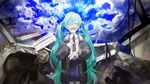  2011_sendai_earthquake_and_tsunami aqua_hair bad_end bad_id bad_pixiv_id cloud debris hatsune_miku injury long_hair music musical_note necktie nishihara_isao open_mouth rubble ruins singing skirt sky solo tears twintails very_long_hair vocaloid 