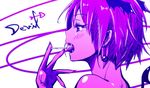  bad_id bad_pixiv_id bare_shoulders candy demon_girl earrings english ex_hien fangs food hands head_wings jewelry lollipop monochrome original profile purple short_hair solo 