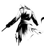  altair_ibn_la-ahad assassin's_creed assassin's_creed_(series) bad_id bad_pixiv_id ero_(natalie_0402) gauntlets greyscale hidden_blade hood knife male_focus monochrome robe sash solo vambraces weapon 