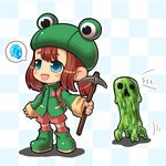  animal_costume blue_eyes boots crab_man creeper diamond eyes frog_costume hat lowres minecraft pickaxe rana_(minecraft) shorts smile speech_bubble 