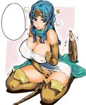  bare_shoulders blank_speech_bubble blue_eyes blue_hair boots breasts cape cleavage covered_nipples dragon_quest dragon_quest_iii elbow_gloves enoughmin gloves huge_breasts kneeling legs long_hair no_bra panties sage_(dq3) scarf solo speech_bubble staff thigh_boots thighhighs thighs tiara underwear 