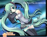  detached_sleeves green_eyes green_hair hatsune_miku headset jie_yu long_hair musical_note necktie skirt solo thighhighs twintails very_long_hair vocaloid 