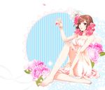  ako_(macochi) bad_feet barefoot brown_eyes brown_hair dress face flower hair_flower hair_ornament hands meiko pink_flower pink_rose rose short_hair sitting solo sparkle vocaloid 