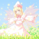  blonde_hair blush dress field flower_field hat lily_white outstretched_arms pink_dress red_eyes shino_megumi smile solo touhou wings 