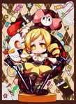  bad_id bad_pixiv_id beret blonde_hair bullet-ogre candy charlotte_(madoka_magica) chibi drill_hair food gun hair_ornament hat magical_musket mahou_shoujo_madoka_magica multicolored multicolored_eyes puffy_sleeves rifle thighhighs tomoe_mami weapon yellow_eyes 