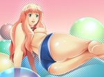  1girl areolae ass barefoot blonde_hair blue_eyes blush breasts happy iroiro legs long_hair looking_down lying macross macross_frontier nipples no_bra on_side sheryl_nome shirt_lift short shorts simple_background smile solo thighs 