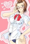  bleach blush bow bow_tie bowtie breasts brown_eyes brown_hair cosoloya female glasses honshou_chizuru ibuki_rinji one-piece_swimsuit one_eye_closed one_piece_swimsuit school_uniform shirt short_hair smile solo swimsuit white_shirt wink 