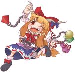  bow chain emu_(toran) food food_in_mouth gourd hair_bow horns ibuki_suika long_hair one_eye_closed open_mouth orange_hair red_eyes ribbon running solo touhou 