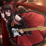  \n/ adapted_costume alternate_costume ascot bad_id bad_pixiv_id bow brown_eyes brown_hair detached_sleeves electric_guitar guitar hair_bow hair_tubes hakurei_reimu highres instrument mochi.f red_eyes short_hair solo torii touhou 