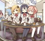  6+girls akemi_homura closed_eyes cup drink fang glass_table hands_on_shoulders kaname_madoka long_hair mahou_shoujo_madoka_magica miki_sayaka mitakihara_school_uniform multiple_girls pantyhose sakura_kyouko school_uniform shizuki_hitomi sitting sweatdrop table tamute_(2580rs) teacup tomoe_mami translated |_| 