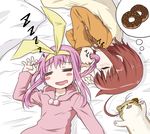  =_= blush brown_hair cat closed_eyes doughnut food kamaboko_(milky_holmes) long_hair multiple_girls pink_hair ribbon saliva sherlock_shellingford short_hair sleeping t-aoba tantei_opera_milky_holmes twintails yuzurizaki_nero 