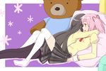  akemi_homura black_hair black_legwear hug kaname_madoka long_hair lying mahou_shoujo_madoka_magica michigan multiple_girls pantyhose pillow pink_hair school_uniform short_hair stuffed_animal stuffed_toy teddy_bear thighhighs white_legwear yuri 