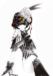  bangs black_hair blunt_bangs bob_cut bottomless bow crossed_legs fashion feathers floral_print frills gloves hair_bow hair_ornament monochrome original shawl short_hair sitting smile solo sousou_(sousouworks) spot_color striped thighhighs 