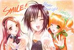  3girls bad_id bad_pixiv_id black_hair brown_eyes brown_hair closed_eyes english green_eyes idolmaster idolmaster_(classic) idolmaster_2 kikuchi_makoto long_hair masobe_(masbe) minase_iori multiple_girls orange_hair short_hair takatsuki_yayoi text_focus 