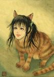  animal_ears bin_(pixiv_4387) cat cat_ears cat_tail catgirl looking_up original simple_background tail traditional_media what 