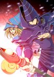  1girl back-to-back blonde_hair blue_eyes dark_magician dark_magician_girl duel_monster highres open_mouth staff teacher_and_student teamwork wand yoshida_sei yuu-gi-ou yuu-gi-ou_duel_monsters 