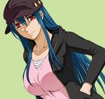  beret blue_hair breasts diamond_cut_diamond hand_in_pocket hat huge_breasts jacket kenji_t1710 long_hair official_art red_eyes shigyou_yuuyami shirt solo 