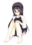  barefoot black_hair embarrassed feet full_body glasses hairband long_hair meito_(maze) one-piece_swimsuit original purple_eyes sitting solo swimsuit towel 