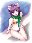  animal_ears badge bikini brown_eyes button_badge cat_ears fang kobayakawa_rinko love_plus purple_hair scarf shinogi_k short_hair sketch solo striped striped_bikini swimsuit 