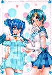  aizawa_mint back_bow bare_shoulders bishoujo_senshi_sailor_moon blue blue_choker blue_eyes blue_gloves blue_hair blue_sailor_collar blue_skirt bow choker color_connection crossover elbow_gloves gloves hair_bun hand_on_hip magical_girl marker_(medium) mew_mint mizuno_ami multiple_girls nape sailor_collar sailor_mercury sailor_senshi_uniform short_hair skirt tokyo_mew_mew traditional_media uingu white_gloves wings 