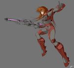  absurdres armor breasts female full_body grin gun highres jumping long_hair orange_hair shock_rifle simple_background smile solo unreal_tournament weapon 
