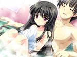  1girl :d =_= ankoromochi bath bathtub black_hair brother_and_sister couple damatte_watashi_no_muko_ni_nare! flat_chest game_cg hetero long_hair mixed_bathing mutou_kurihito nipples nude open_mouth red_eyes siblings smile very_long_hair yasaka_fumyuko yasaka_naoki 