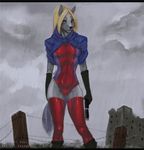 barbed_wire blonde_hair breasts canine clouds cloudy elbow_gloves female fursona hair koul_fardreamer latex looking_at_viewer muscles pistol rain ruins solo thigh_highs tight_clothing vagabondbastard wolf 