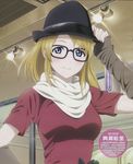  absurdres ayase_eli bespectacled blonde_hair blue_eyes character_name detached_sleeves glasses hand_on_headwear hat highres long_hair love_live! love_live!_school_idol_project murota_yuuhei non-web_source official_art scarf smile solo 