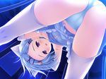  blue_hair blush breasts charlotte_vaasa game_cg nanairo_kouro naruse_mamoru nipples panties purple_eyes short_hair thighhighs underwear 