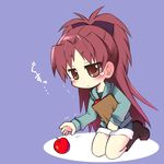  apple blush boots brown_eyes denim denim_shorts food fruit kanibasami kneeling long_hair mahou_shoujo_madoka_magica ponytail red_hair sakura_kyouko shorts solo tears 