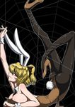  animal_ears ashcape ass black_legwear blonde_hair bow breasts bunny_ears bunny_tail bunnysuit cleavage flexible hair_bow high_heels highres kurodani_yamame large_breasts mouth_hold pantyhose red_eyes shoes short_hair silk smile solo spider_web tail touhou wrist_cuffs 
