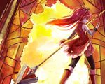  apple bare_shoulders boots detached_sleeves food from_behind fruit glaring long_hair magical_girl mahou_shoujo_madoka_magica polearm ponytail profile red_eyes red_hair reducto sakura_kyouko solo spear stained_glass thighhighs weapon 