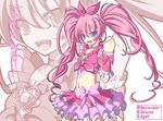  2011_sendai_earthquake_and_tsunami :d blue_eyes bow choker clenched_hand cure_melody frills houjou_hibiki long_hair magical_girl midriff navel open_mouth pink_bow pink_choker pink_hair precure smile solo suite_precure translated twintails yosugara_shou zoom_layer 