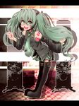  aqua_eyes aqua_hair bespectacled detached_sleeves fang glasses hatsune_miku headphones headset letterboxed long_hair necktie skirt smile solo thighhighs tom_(drpow) twintails very_long_hair vocaloid zettai_ryouiki 