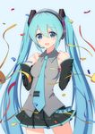  aqua_eyes aqua_hair blush confetti detached_sleeves dinyc hatsune_miku headphones headset highres long_hair necktie open_mouth skirt smile solo twintails very_long_hair vocaloid 