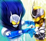  cape greave_(asterism) helmet kamen_rider kamen_rider_accel kamen_rider_eternal kamen_rider_w multiple_boys yellow_eyes 