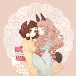  animal_ears brown_hair bunny_ears bunny_tail closed_eyes doily eyebrows flower frills gathers hair_flower hair_ornament ichiko japanese_clothes kimono light_smile long_hair multiple_girls open_mouth original pink_hair purple_eyes short_hair short_kimono skirt sleeves_past_wrists tail wavy_hair 