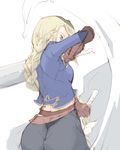  agrias_oaks arm_up ass blonde_hair braid brown_eyes female final_fantasy final_fantasy_tactics gloves kazamidori_(lumq) kazamidory long_hair looking_back pants single_braid solo sword weapon white_background 