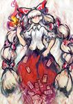  alternate_hairstyle bow faux_traditional_media fire fujiwara_no_mokou hair_bow highres kogiso long_hair sleeves_rolled_up solo touhou twintails very_long_hair 