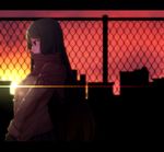  black_hair blush brown_eyes building chain-link_fence covering_mouth fence gloves irohara_mitabi jacket long_hair original scarf solo sunset 