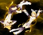  1girl aqua_eyes arm_warmers bad_id bad_pixiv_id blonde_hair brother_and_sister chloe2021 detached_sleeves hair_ornament hair_ribbon hairclip headphones kagamine_len kagamine_len_(append) kagamine_rin kagamine_rin_(append) leg_warmers ribbon short_hair shorts siblings smile twins vocaloid vocaloid_append 