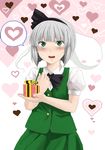  bad_id bad_pixiv_id black_hairband blush ghost gift go-m green_eyes hairband heart hitodama holding holding_gift konpaku_youmu konpaku_youmu_(ghost) open_mouth short_hair silver_hair solo speech_bubble spoken_heart sweatdrop touhou vest 