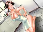 1girl apron areola_slip areolae armpits bangs barefoot black_panties blush breasts brown_eyes brown_hair bursting_breasts character_request cleavage dutch_angle erect_nipples feet game_cg housewife indoors kitchen kneeling large_breasts milf naked_apron nipple_slip nipples on_floor panties parted_bangs plant ponytail potted_plant seiza shadow shijou_saikyou_no_deshi_ken'ichi shijou_saikyou_no_deshi_kenichi shirahama_saori short_hair sitting smile soles solo st.germain-sal underwear window 